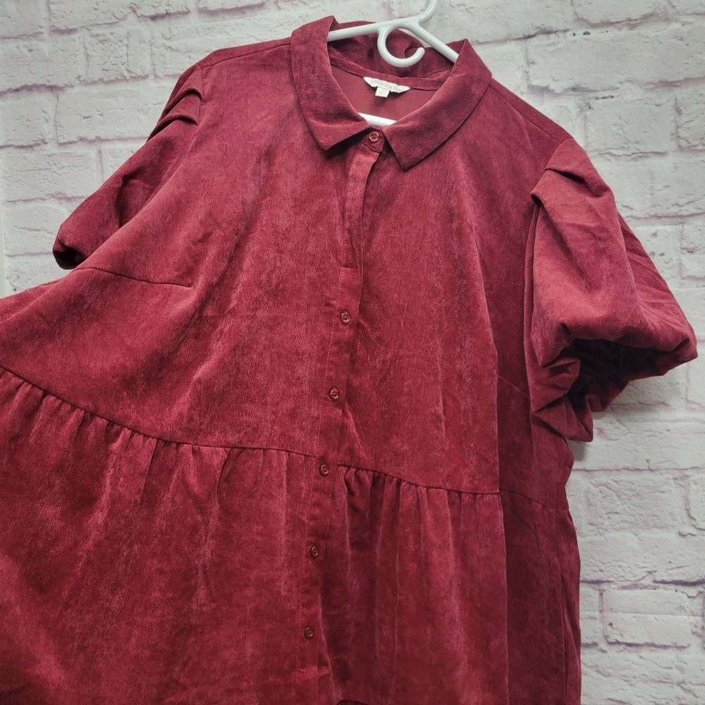 Crown & Ivy Corduroy Tiered Midi Dress 4X Burgundy Puff Sleeve Retro Whimsigoth‎ - Picture 3 of 9